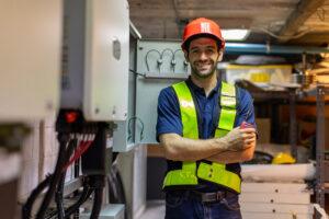 Electrical engineer working in control room. Electrical engineer