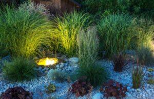 Backyard Garden illumination. Garden with Small Illuminated Pond