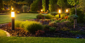 Elegant and Modern Garden LED Lighting Illuminating the Space Modern Landscaping Theme.